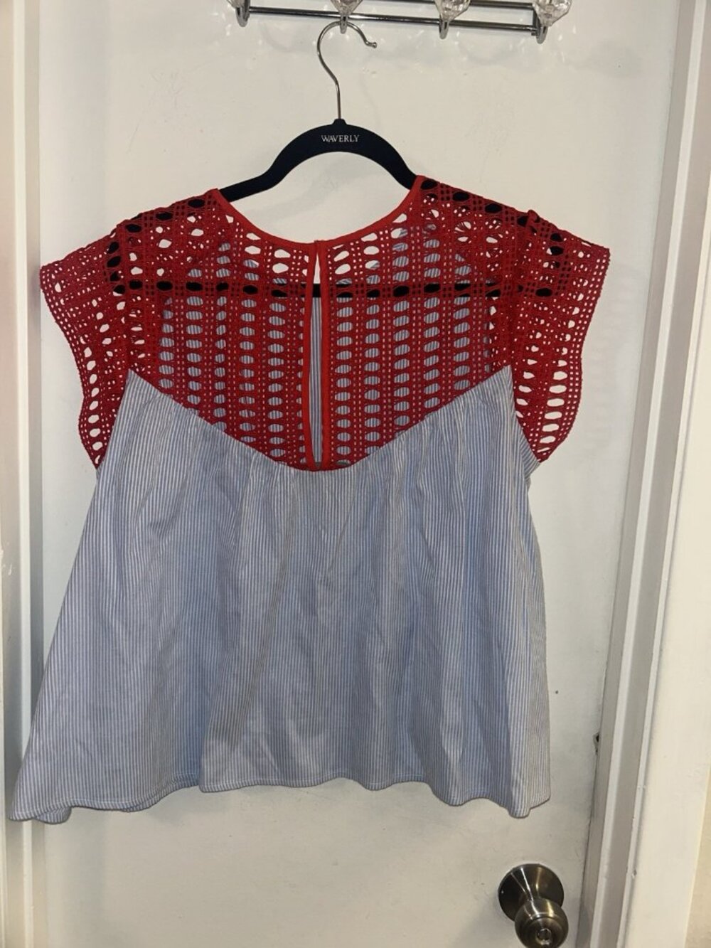 Anthropologie MAEVE Preppy Striped Poplin Crochet Blouse Top Size Medium - Picture 4 of 6